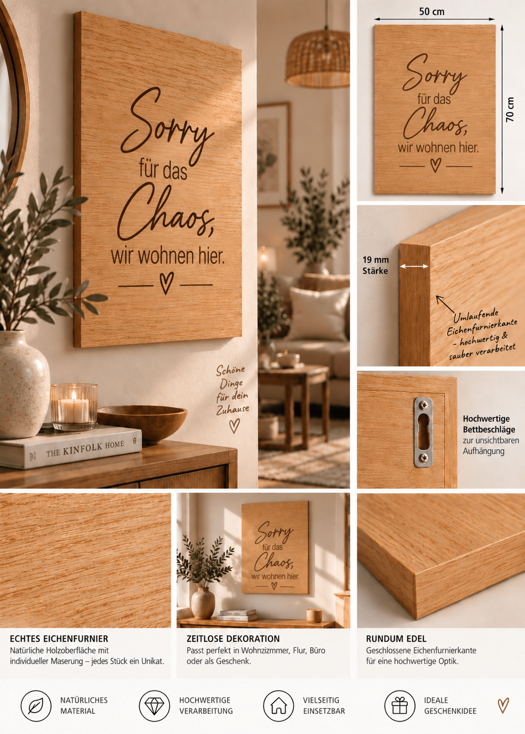 Wandbild aus Eichenfurnier – 50 × 70 cm | Lasergravur Sorry... - Wood-24