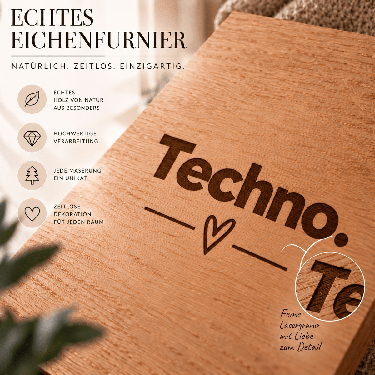 Wandbild aus Eichenfurnier – 50 × 70 cm | Lasergravur Techno - Wood-24