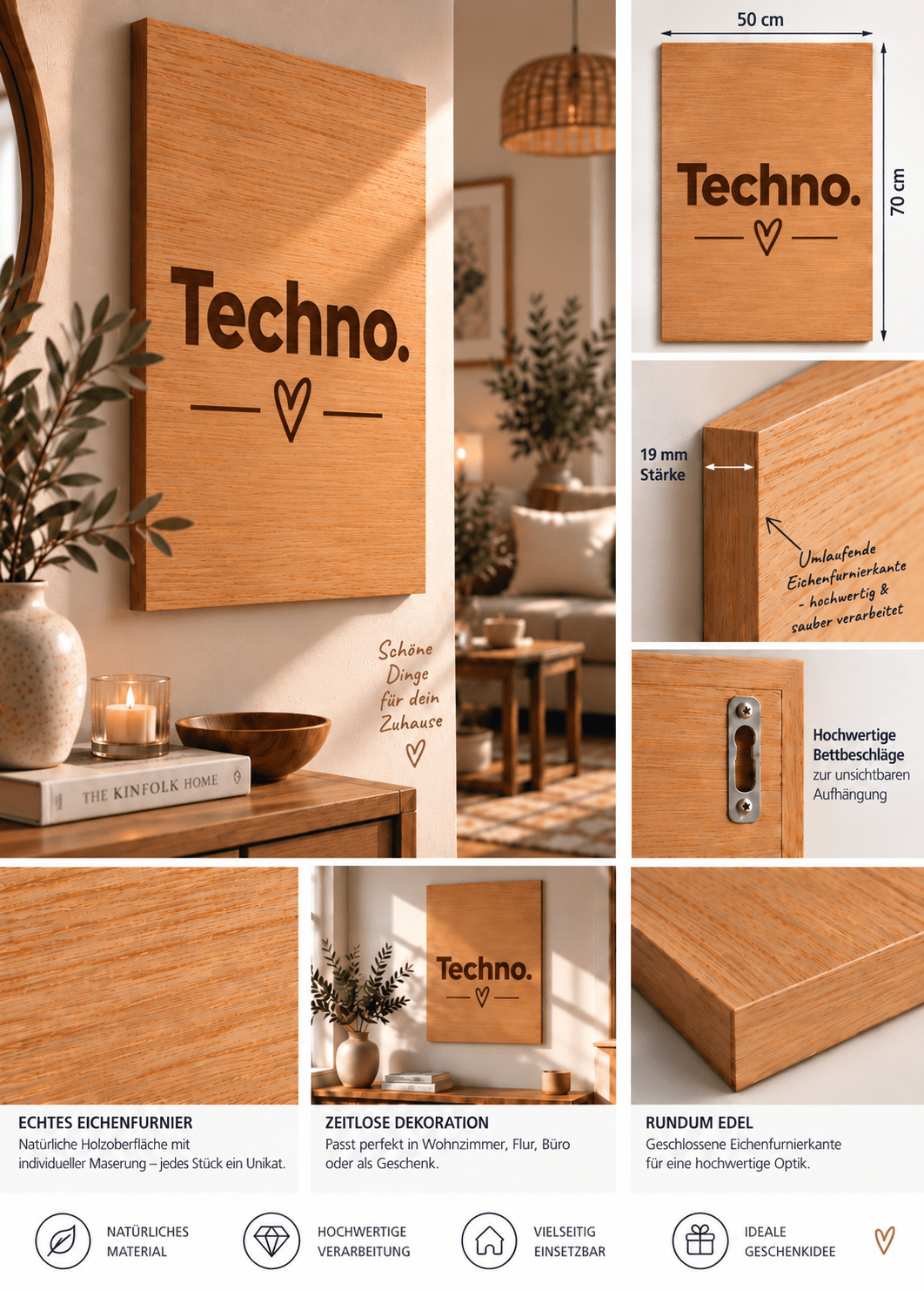 Wandbild aus Eichenfurnier – 50 × 70 cm | Lasergravur Techno - Wood-24