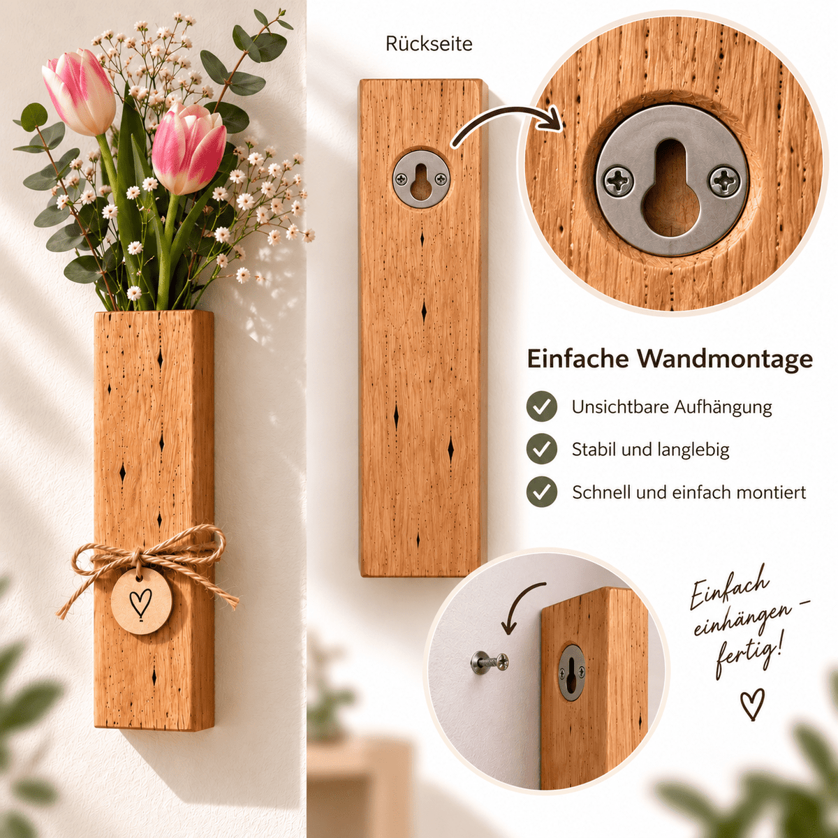 Handgefertigte Wandvase Naturstück aus Wurmeiche – weiteres Produktbild 6