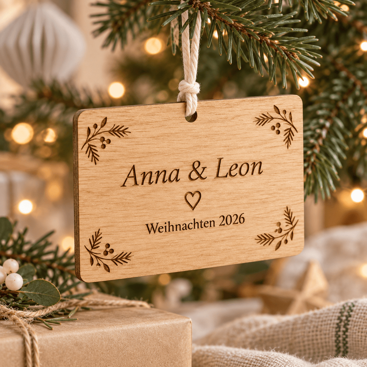 Weihnachten zu zweit – Baumanhänger für Paare – Anwendungsbeispiel, KI-Visualisierung