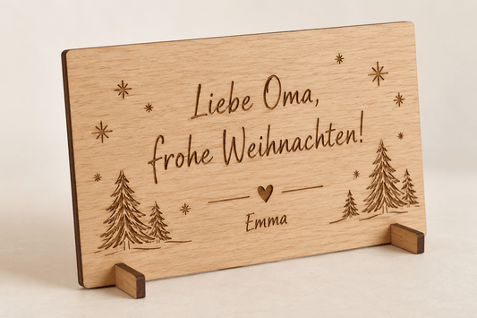 Weihnachtsbrief – Gravierte Grußkarte mit Standfuß – Produktansicht mit Beispielgestaltung
