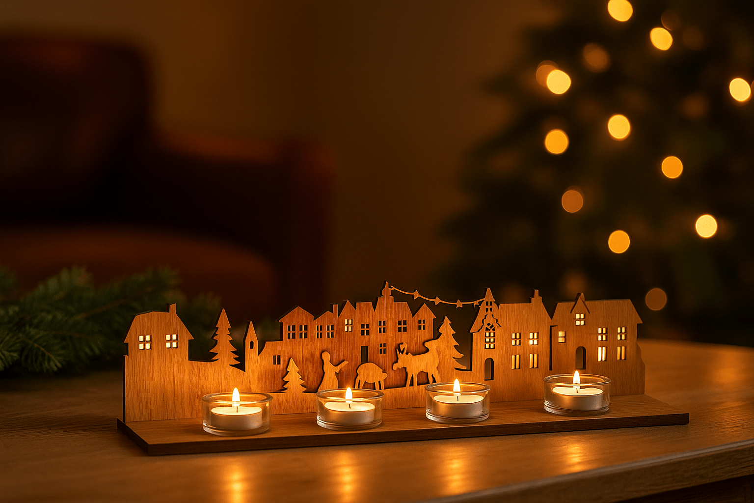 Weihnachtsdorf - Adventskranz - Fensterbild - Woodequipment24