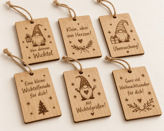 Weihnachtshelfer – Geschenkanhänger für Wichtelgeschenke im 6er-Set – Produktansicht mit Beispielgestaltung