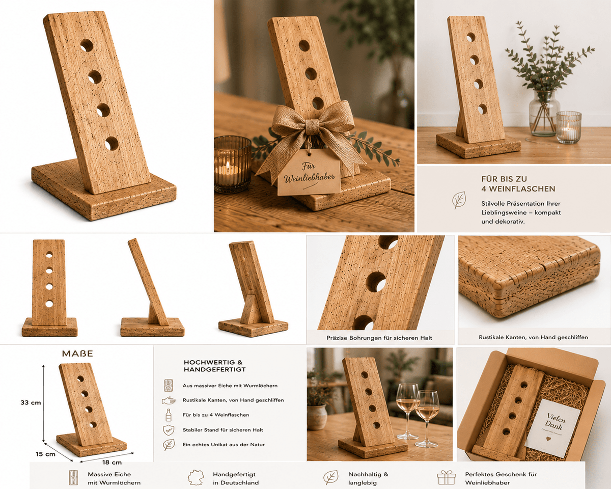 Weinständer aus Wurmeiche – handgefertigt für 4 Weinflaschen - Wood-24