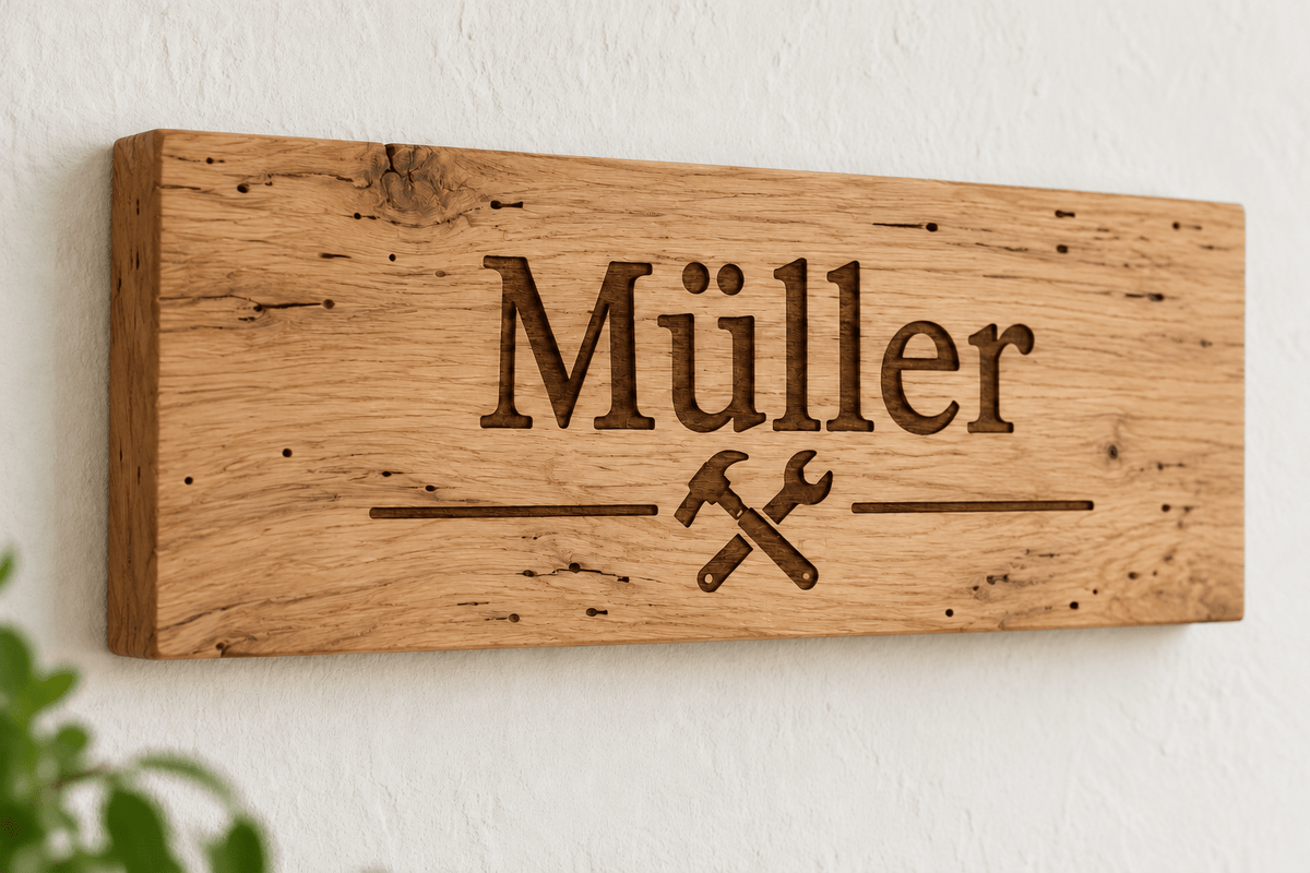 Werkstattname – Werkstatt-Türschild aus heller Wurmeiche mit verdeckter rückseitiger Aufhängung