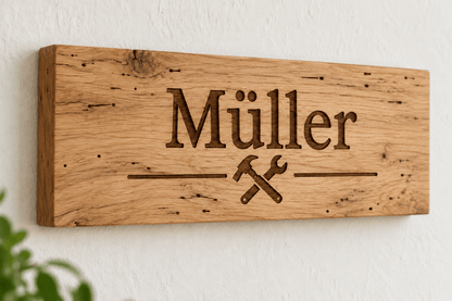 Werkstattname – Werkstatt-Türschild aus heller Wurmeiche mit verdeckter rückseitiger Aufhängung
