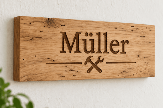 Werkstattname – Werkstatt-Türschild aus heller Wurmeiche mit verdeckter rückseitiger Aufhängung