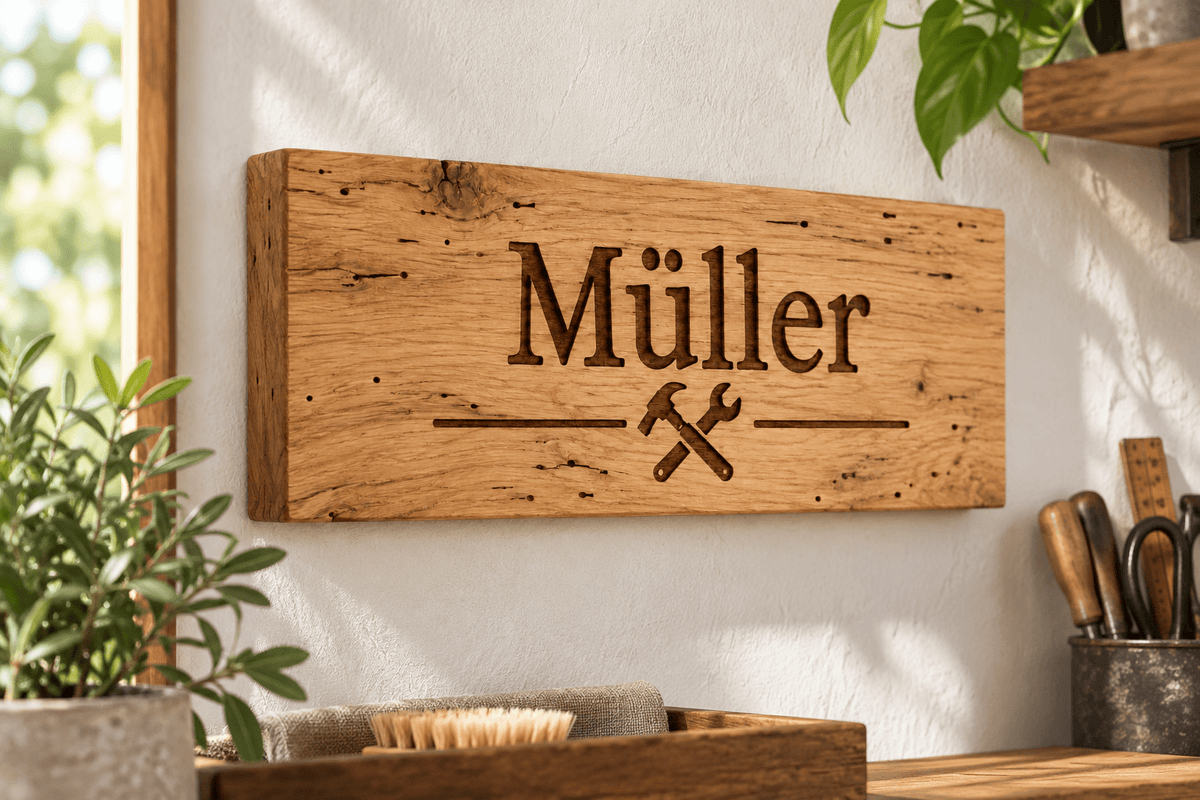 Werkstattname – Werkstatt-Türschild aus heller Wurmeiche im Einsatz mit verdeckter rückseitiger Aufhängung