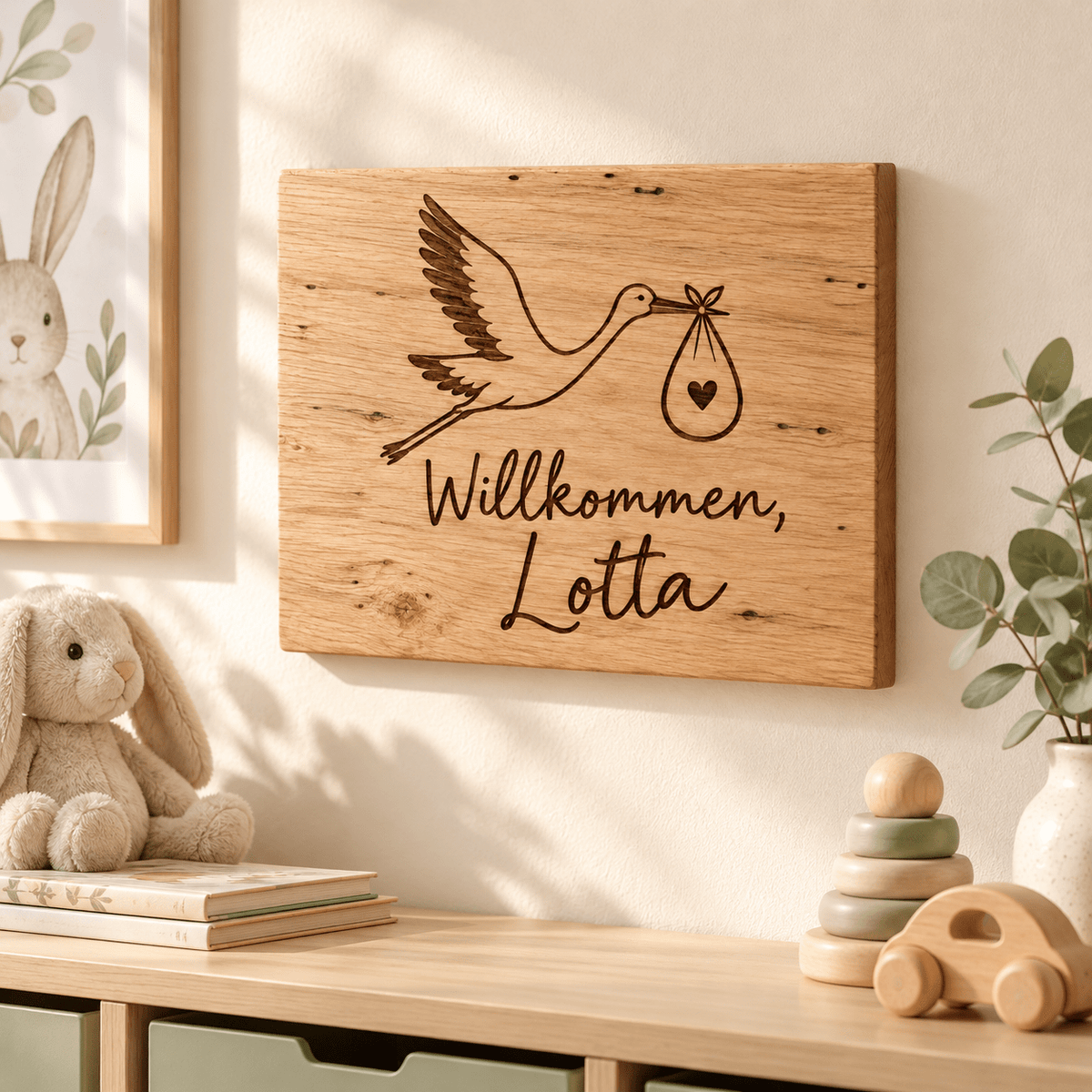 Willkommensgruß – Personalisiertes Baby-Willkommensschild, Kinderzimmer-Beispiel; digitale Gestaltungsvisualisierung