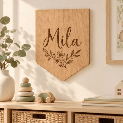 Wimpelname – Personalisierter Holz-Wimpel fürs Kinderzimmer, Kinderzimmer-Beispiel; digitale Gestaltungsvisualisierung