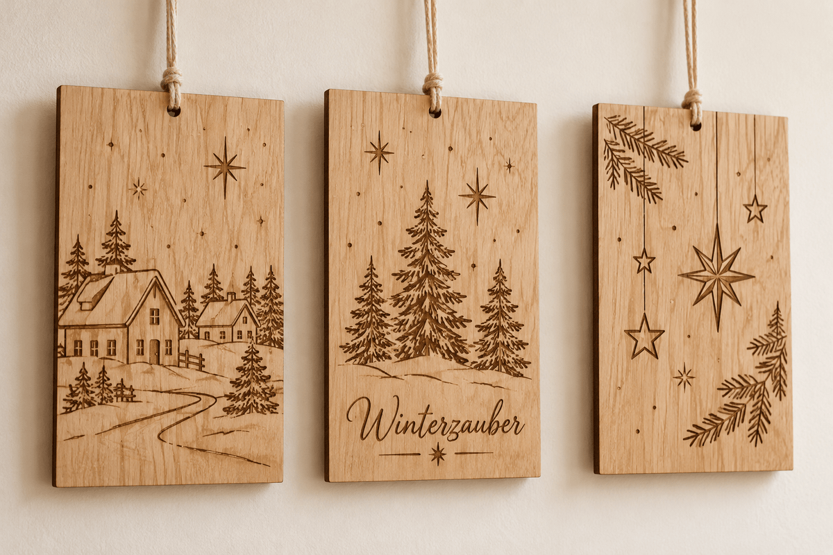 Winterfenster – Winterliche Fensterhänger im 3er-Set – Produktansicht mit Beispielgestaltung