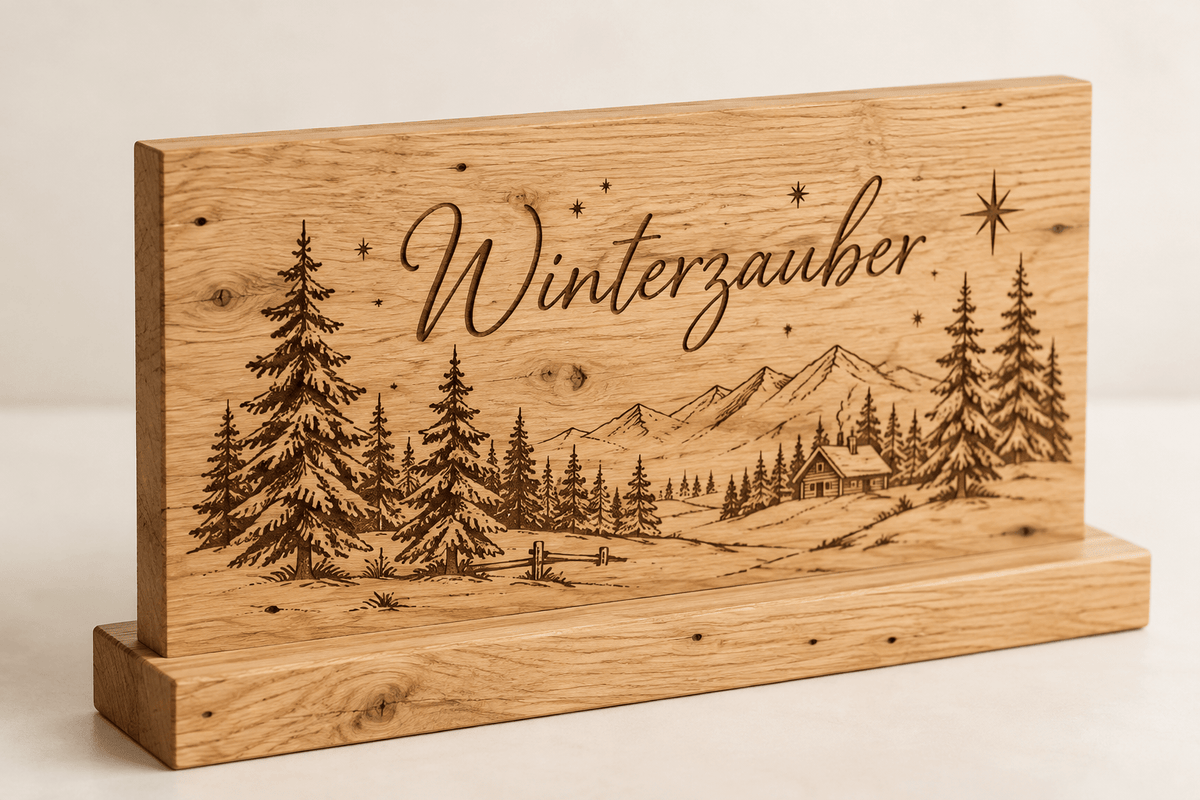 Winterlandschaft – Eichenaufsteller mit Winterwald – Produktansicht mit Beispielgestaltung