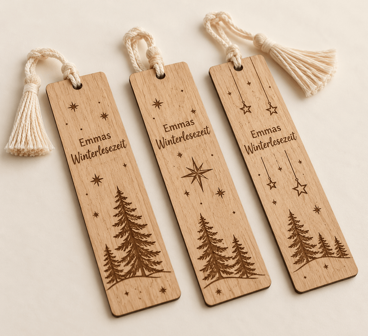 Winterlesezeit – Personalisierte Weihnachts-Lesezeichen im 3er-Set – Produktansicht mit Beispielgestaltung