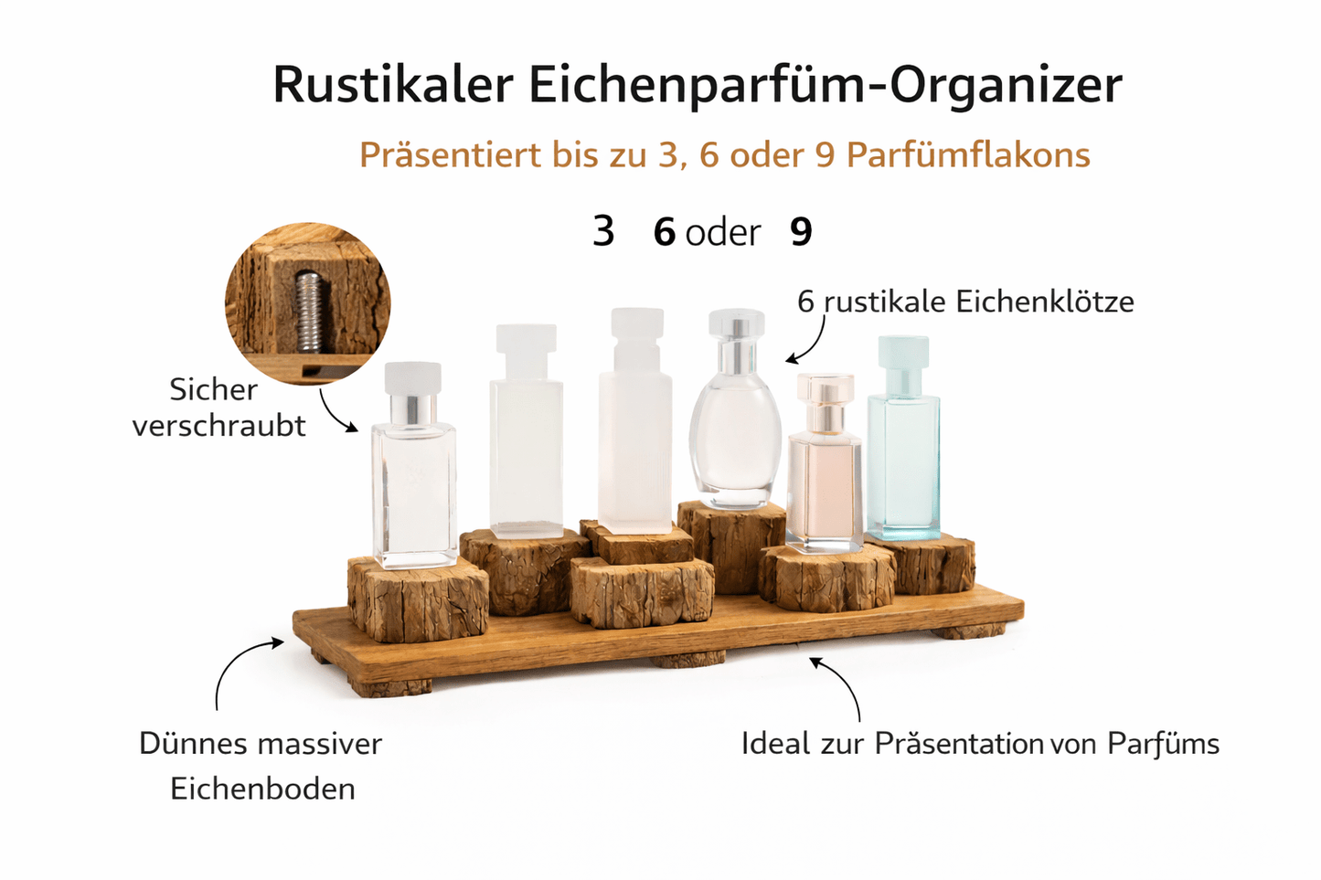 Wood - 24 Parfüm Organizer aus Eiche – Rustikales Holz - Display für 3, 6 oder 9 Parfümflaschen – Handgefertigter Parfümständer für Bad & Schminktisch – Natürliche Badezimmer Dekoration - Woodequipment24