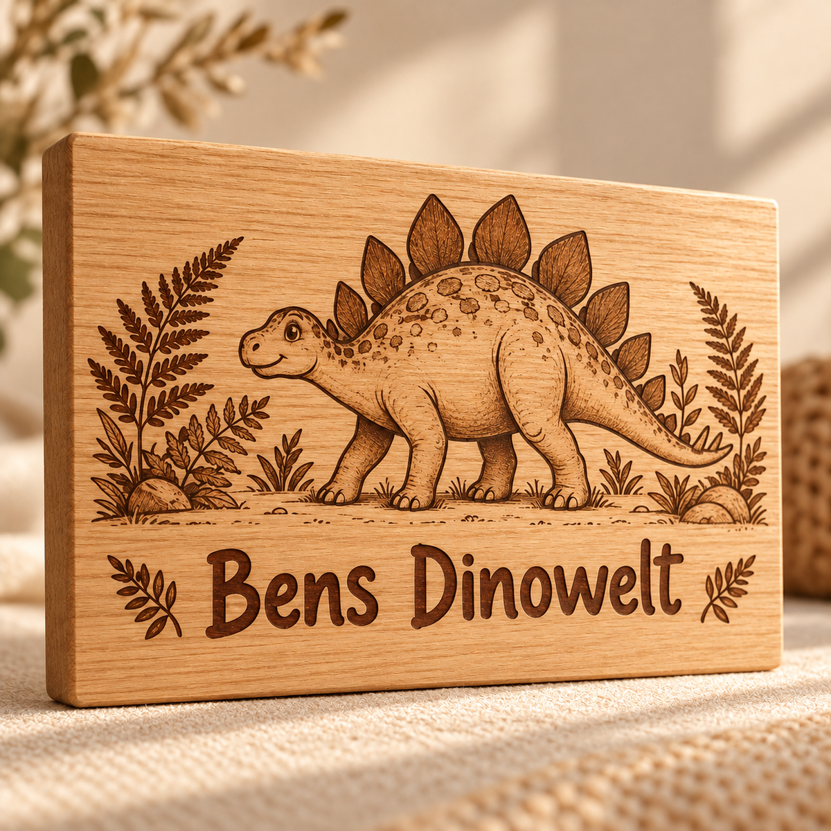 Dinowelt – Kinderzimmer-Wandschild Dinosaurier, Gravur und Holzdetail; digitale Gestaltungsvisualisierung