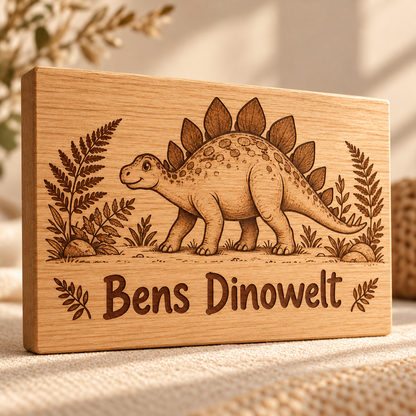 Dinowelt – Kinderzimmer-Wandschild Dinosaurier, Gravur und Holzdetail; digitale Gestaltungsvisualisierung