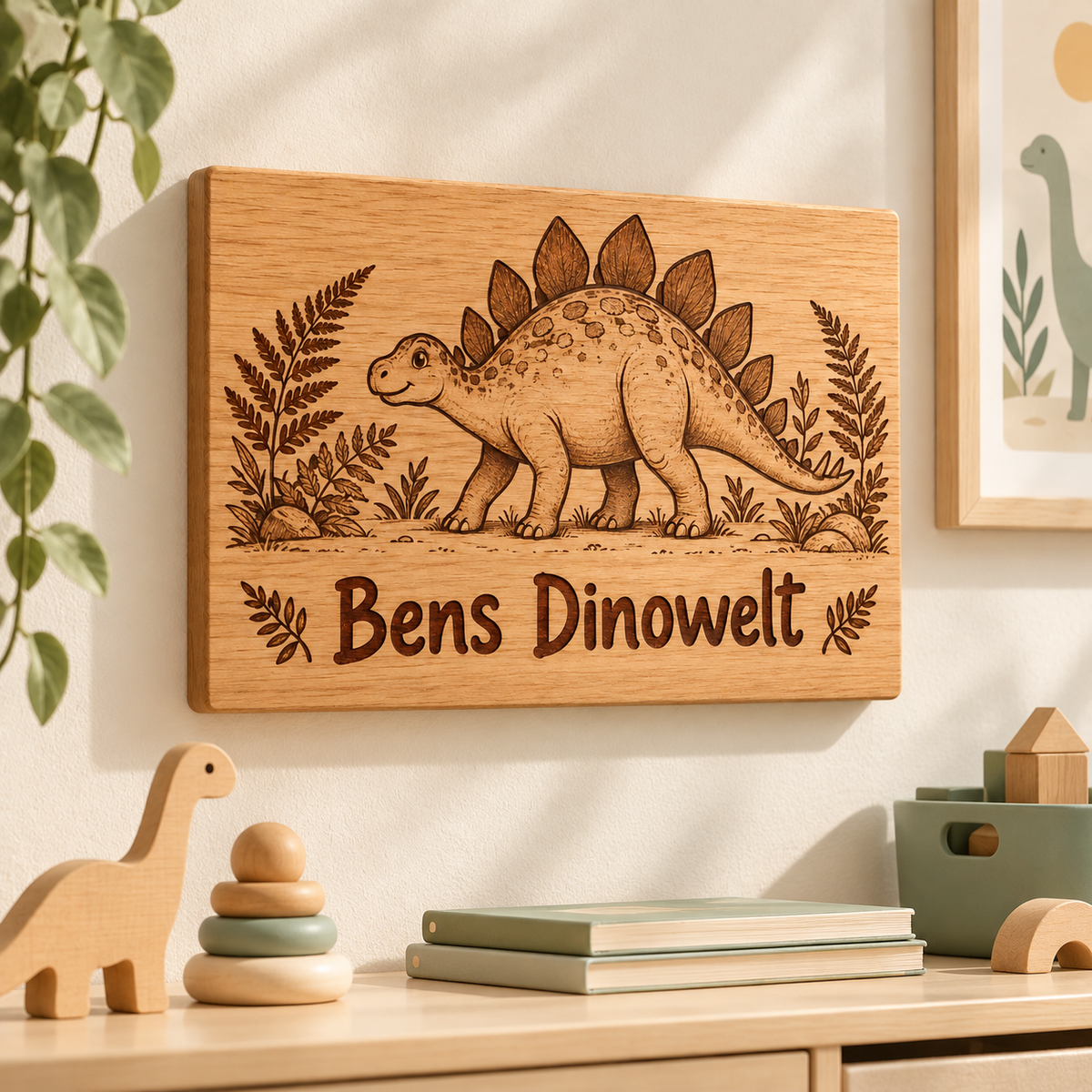 Dinowelt – Kinderzimmer-Wandschild Dinosaurier, Kinderzimmer-Beispiel; digitale Gestaltungsvisualisierung