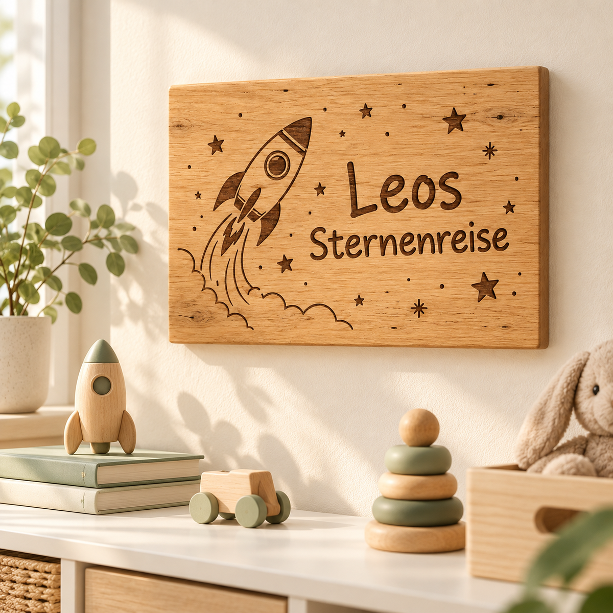 Sternenreise – Kinderzimmer-Wandschild Rakete, Kinderzimmer-Beispiel; digitale Gestaltungsvisualisierung