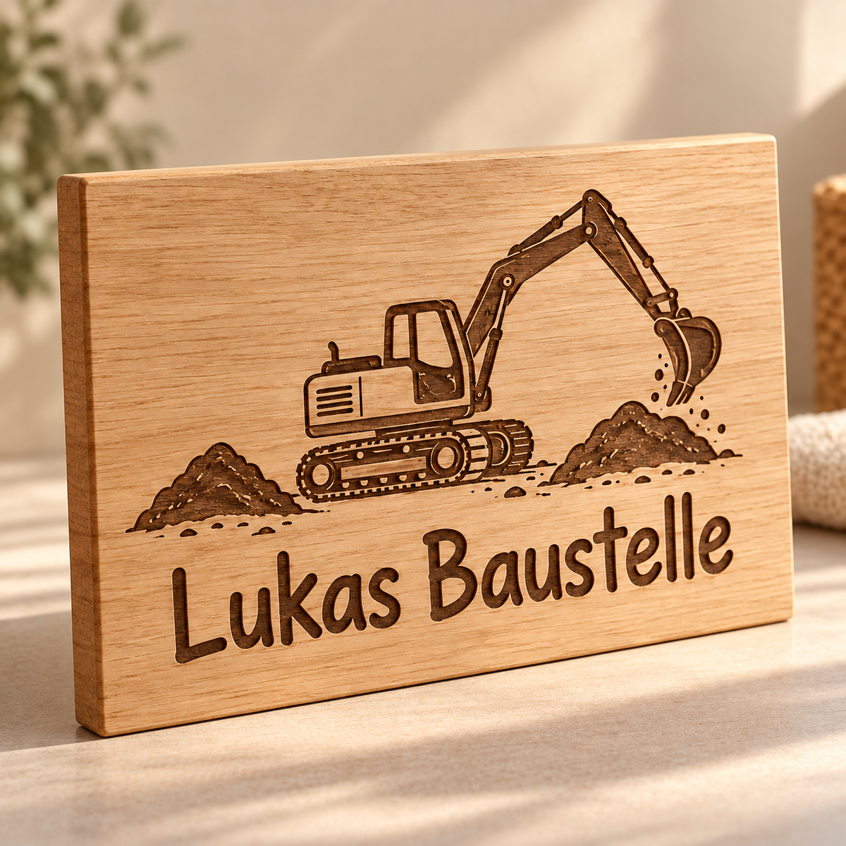 Baustellenchef – Kinderzimmer-Wandschild Bagger, Gravur und Holzdetail; digitale Gestaltungsvisualisierung