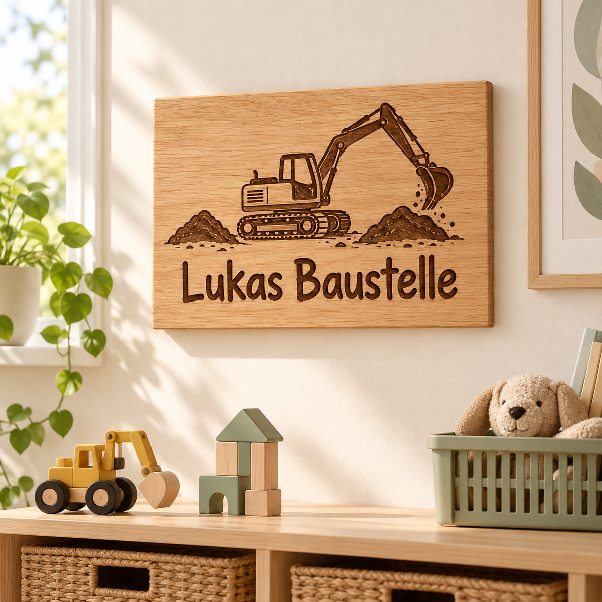 Baustellenchef – Kinderzimmer-Wandschild Bagger, Kinderzimmer-Beispiel; digitale Gestaltungsvisualisierung