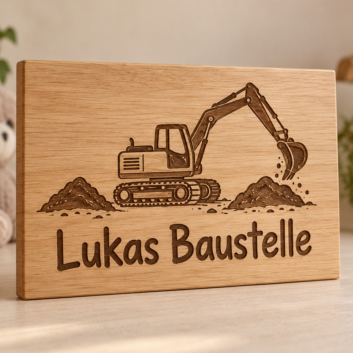 Baustellenchef – Kinderzimmer-Wandschild Bagger, Produktansicht; digitale Gestaltungsvisualisierung