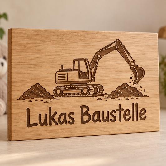 Baustellenchef – Kinderzimmer-Wandschild Bagger, Produktansicht; digitale Gestaltungsvisualisierung