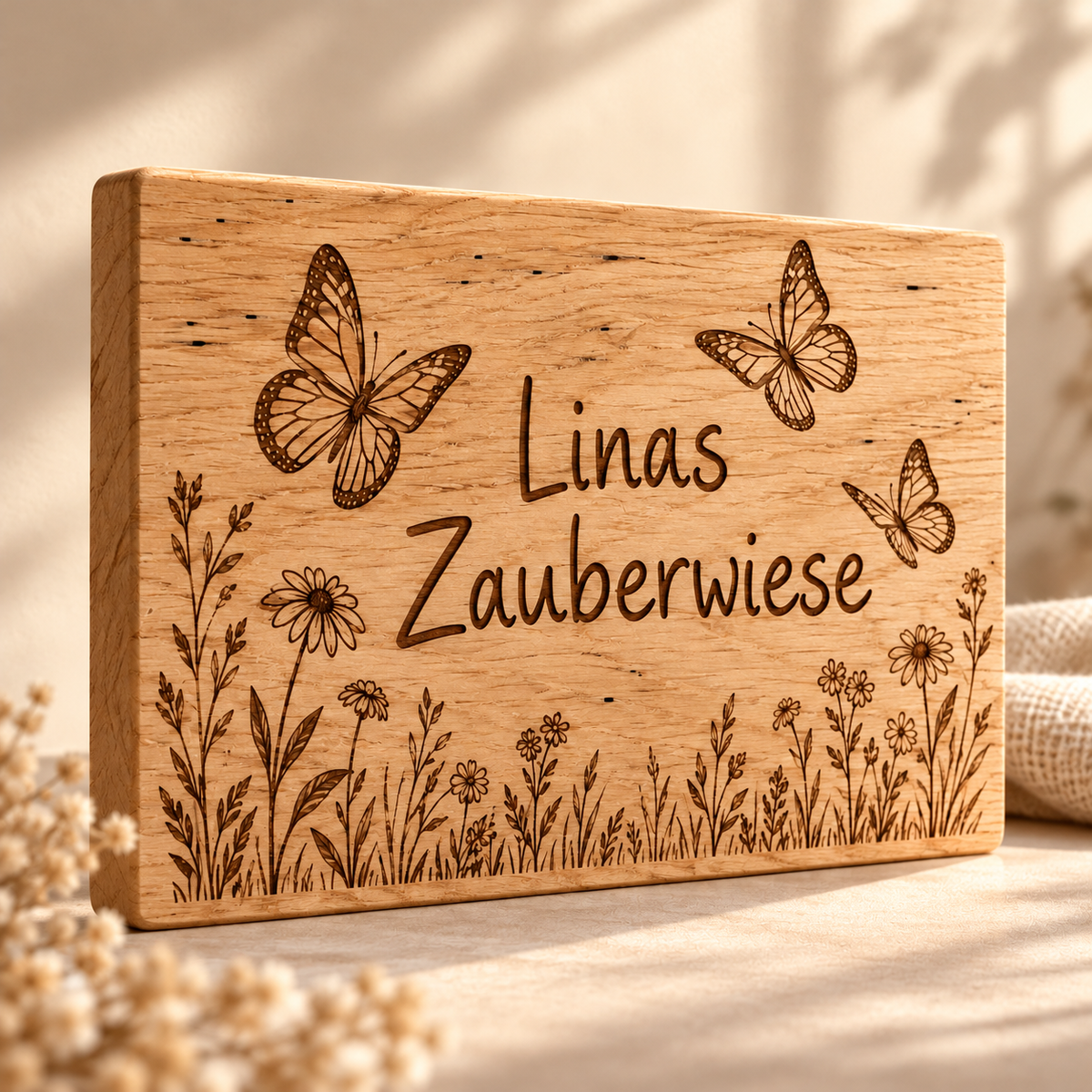 Wiesenzauber – Kinderzimmer-Wandschild Schmetterlinge, Gravur und Holzdetail; digitale Gestaltungsvisualisierung
