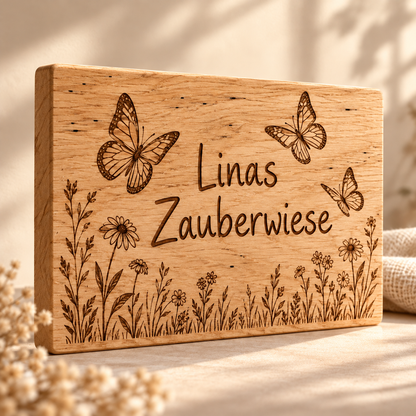 Wiesenzauber – Kinderzimmer-Wandschild Schmetterlinge, Gravur und Holzdetail; digitale Gestaltungsvisualisierung