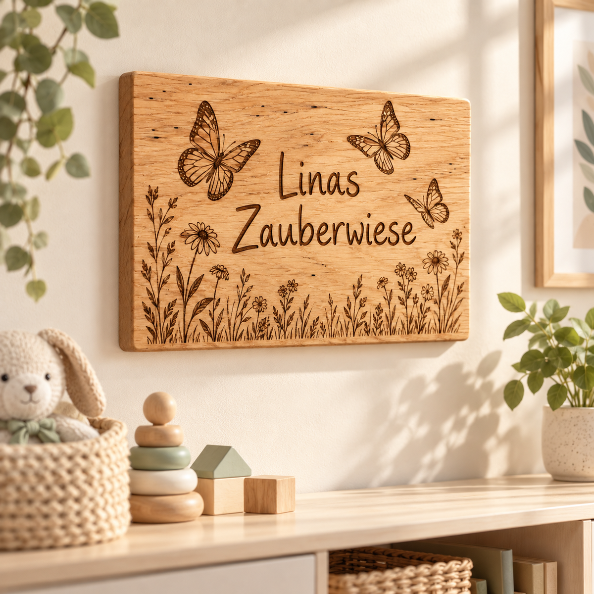 Wiesenzauber – Kinderzimmer-Wandschild Schmetterlinge, Kinderzimmer-Beispiel; digitale Gestaltungsvisualisierung
