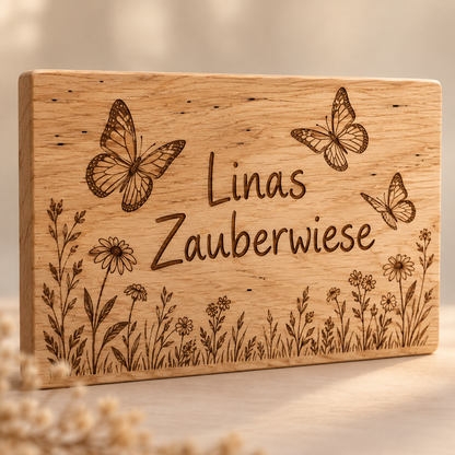 Wiesenzauber – Kinderzimmer-Wandschild Schmetterlinge, Produktansicht; digitale Gestaltungsvisualisierung