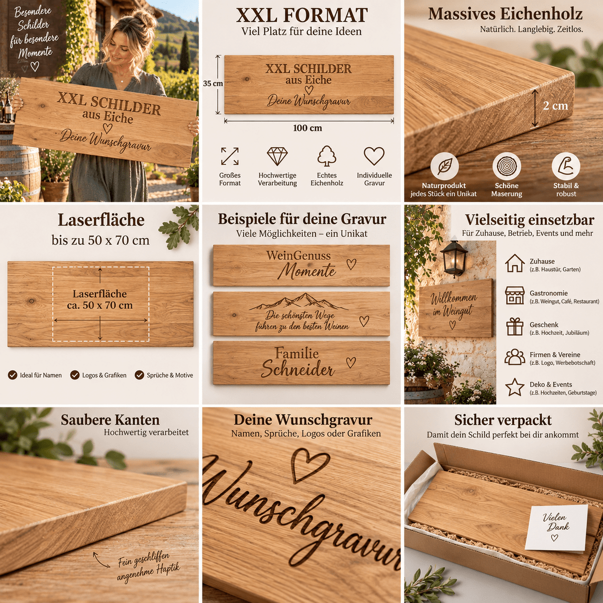 XXL Holzschild aus Eiche – personalisiert mit Wunschgravur, Logo oder Text - Wood-24