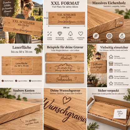XXL Holzschild aus Eiche – personalisiert mit Wunschgravur, Logo oder Text - Wood-24