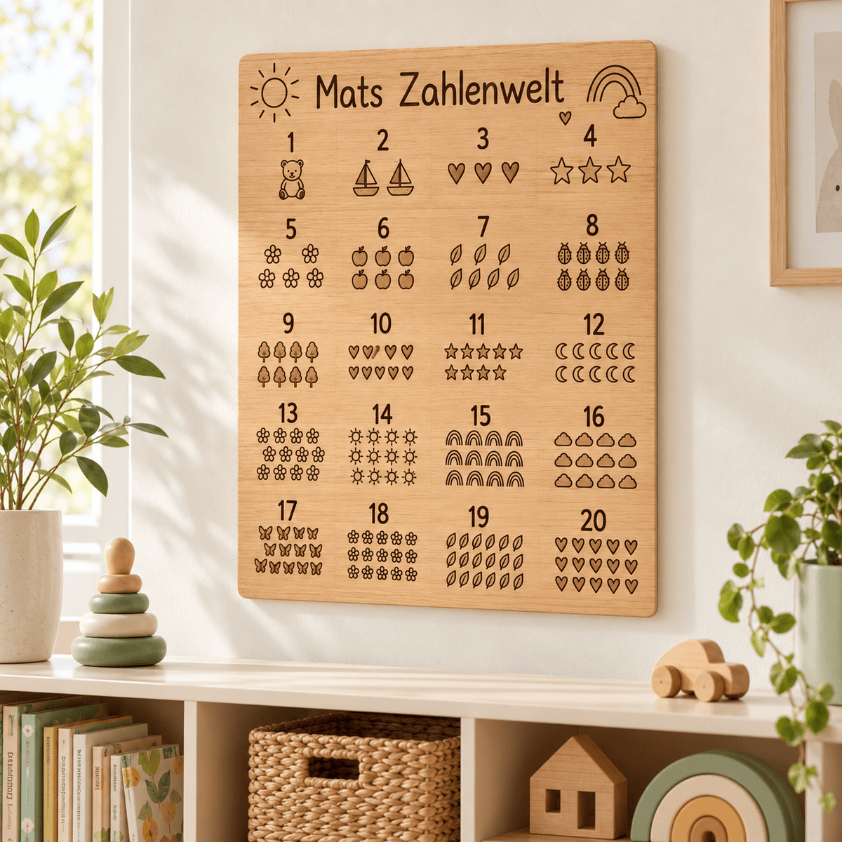 Zahlenwelt – Personalisierte Zahlentafel von 1 bis 20, Kinderzimmer-Beispiel; digitale Gestaltungsvisualisierung